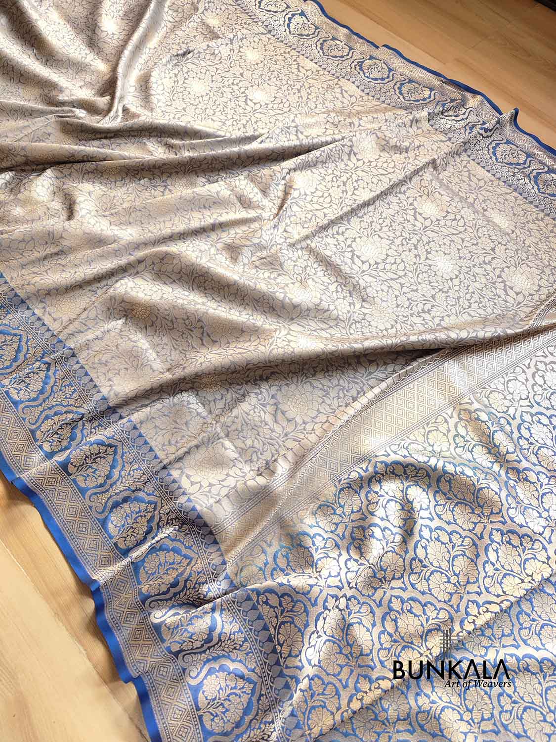 Light Grey Brocade Weaved Light Gold Zari Silk Banarasi Saree