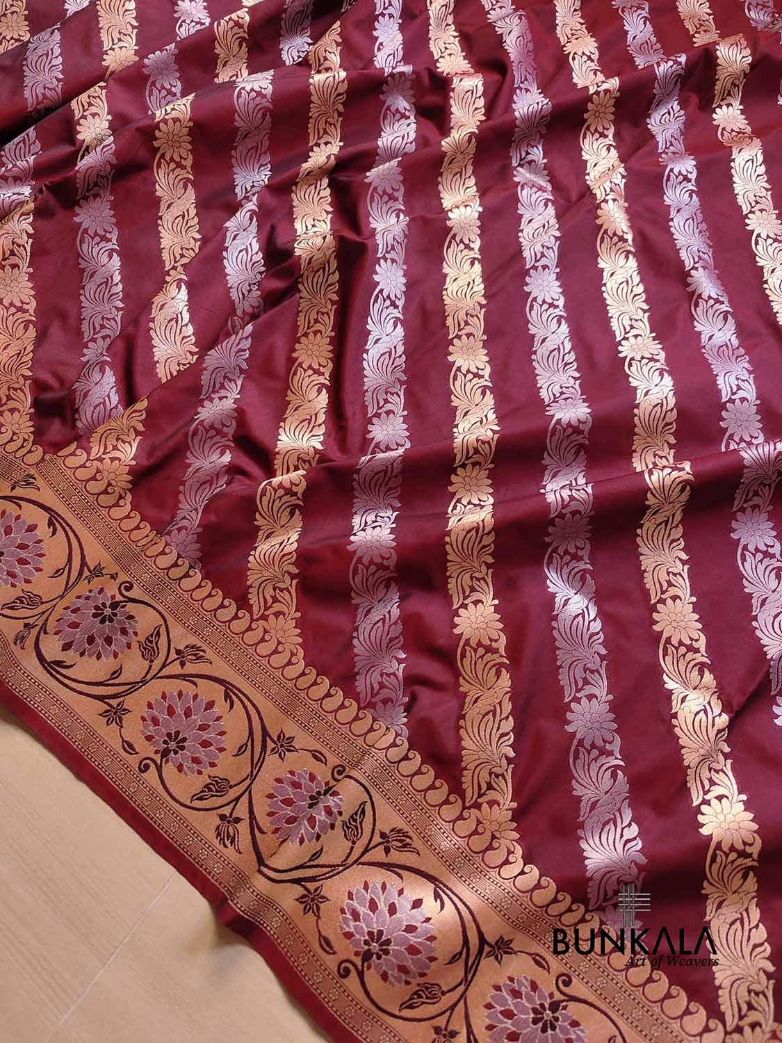 Dark Maroon Striped Design Sona Rupa Silk Banarasi Saree