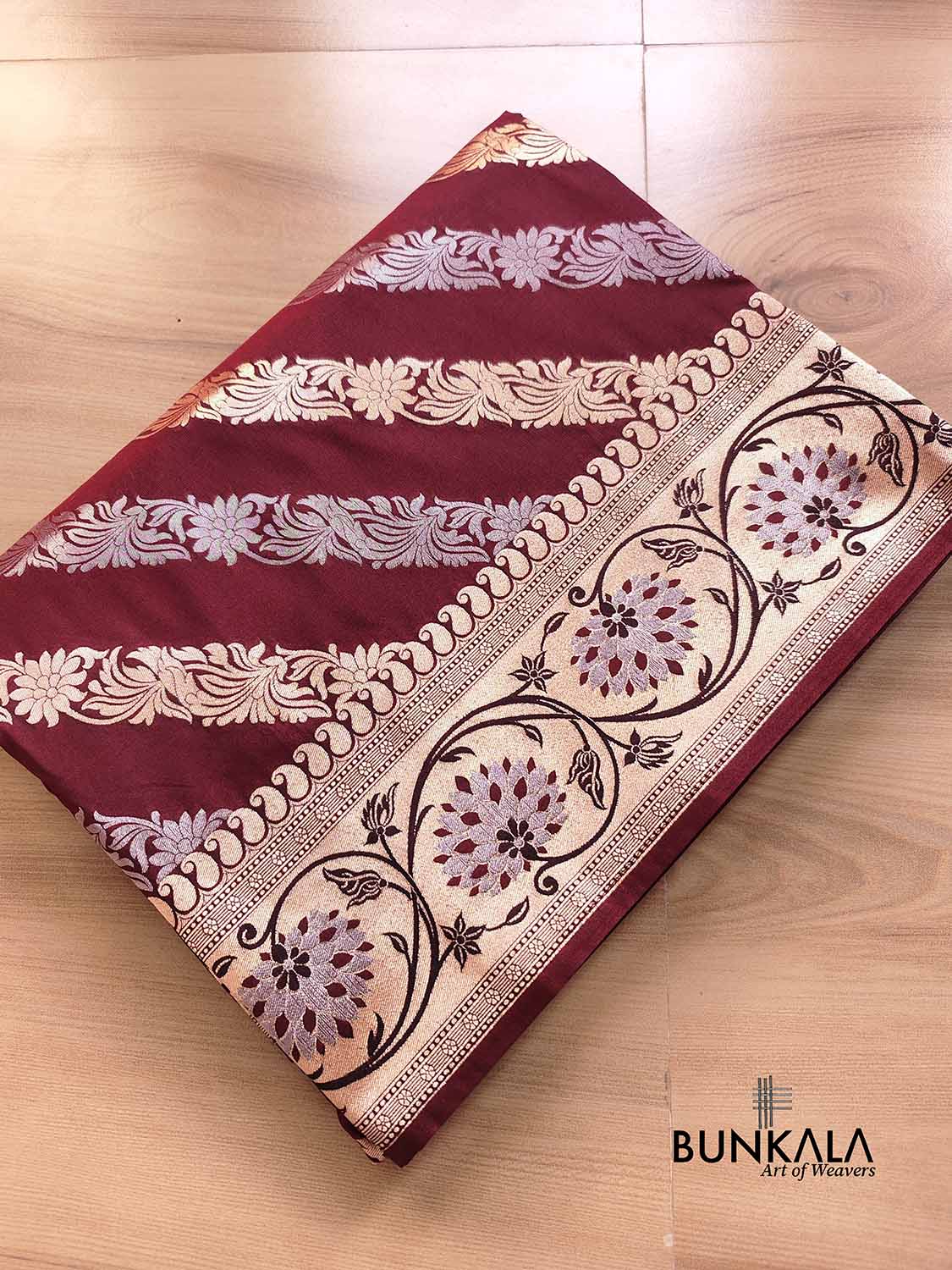 Dark Maroon Striped Design Sona Rupa Silk Banarasi Saree