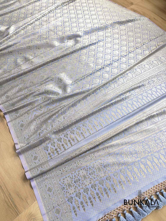 Pastel Champian Blue Mashru Silk Brocade Weaved Banarasi Saree