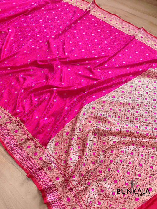 Rani Pink Mashru Silk Jamewar Weaved Floral Jaal Design Banarasi Saree