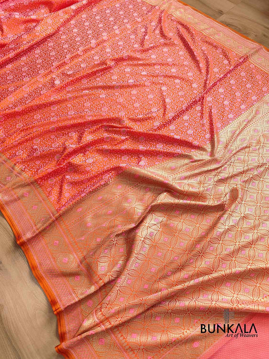 Pink and Orange Double Shaded Mashru Silk Jamewar Weaved Floral Jaal Design Banarasi Saree