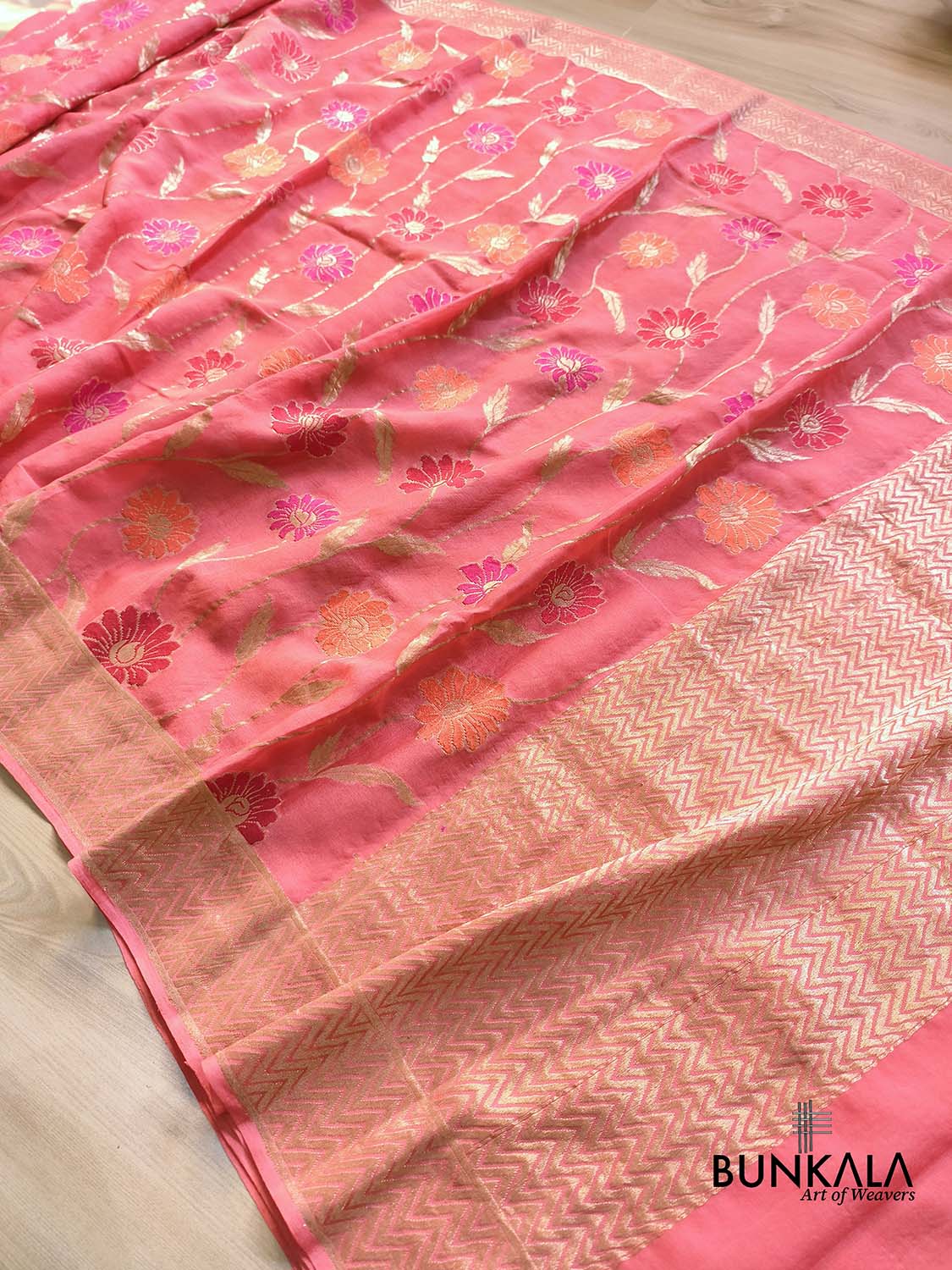 Peach Tilfi Meenakari Jaal Banarasi Pure Georgette Saree