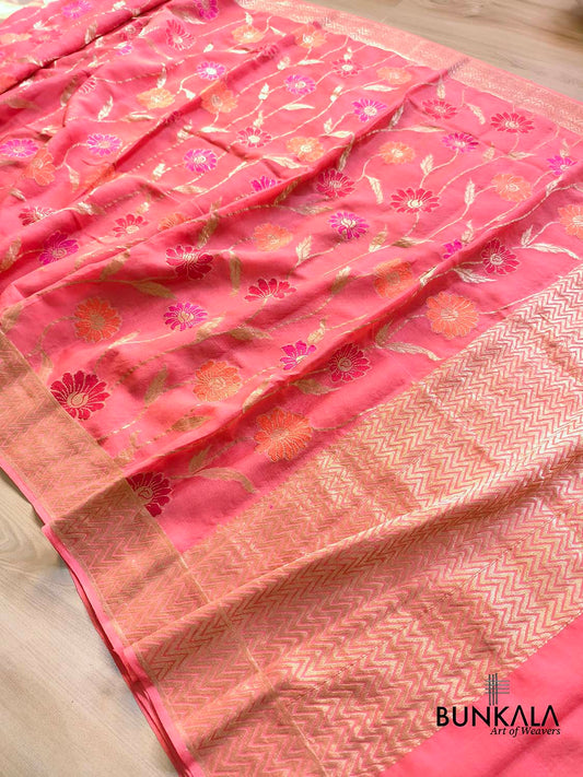 Peach Tilfi Meenakari Jaal Banarasi Pure Georgette Saree