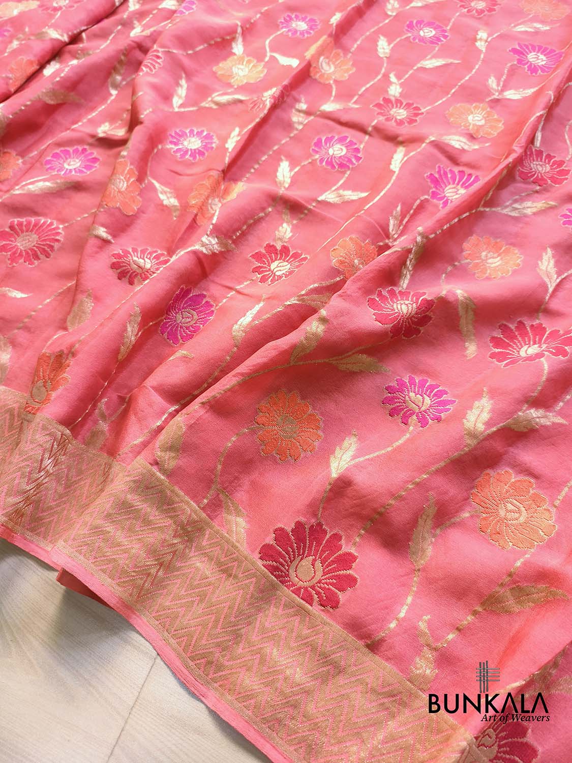 Peach Tilfi Meenakari Jaal Banarasi Pure Georgette Saree