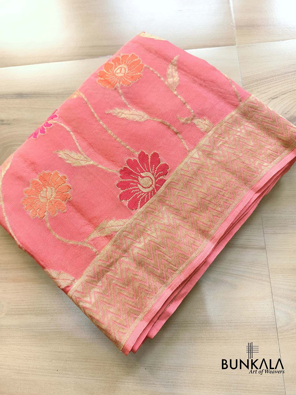 Peach Tilfi Meenakari Jaal Banarasi Pure Georgette Saree