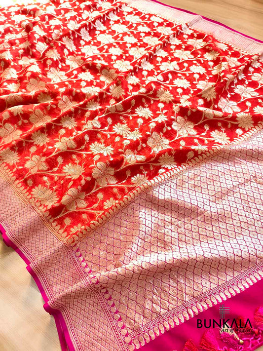 Orange Floral Jaal Banarasi Pure Georgette Saree