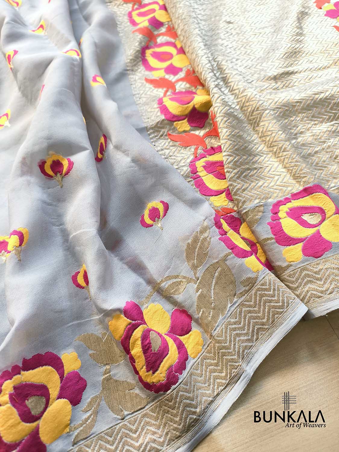 Pastel Grey Tilfi Meenakari Buti Banarasi Pure Georgette Saree