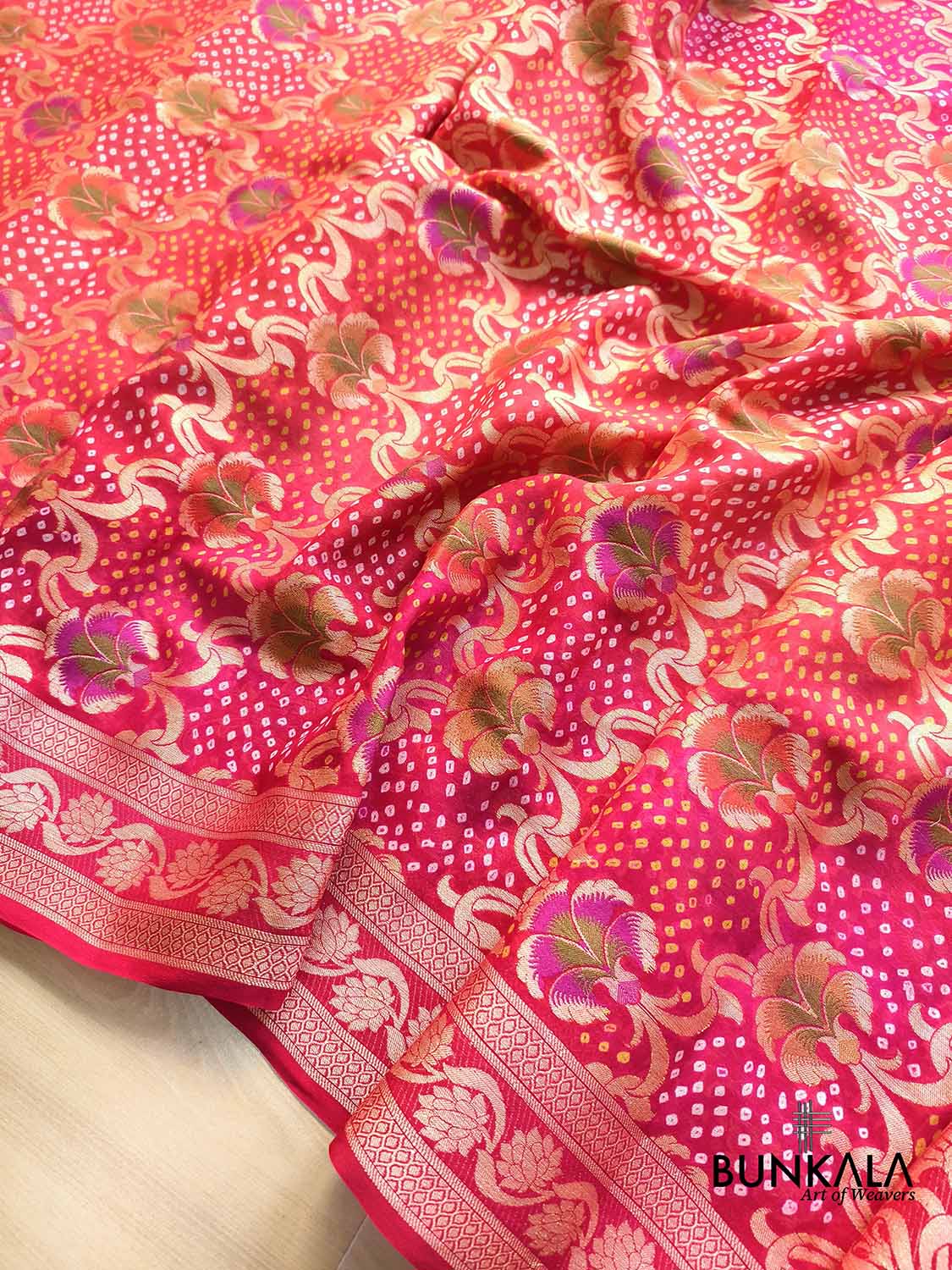 Red Double Shaded Bandhani Weaved Meenakari Banarasi Pure Georgette Saree