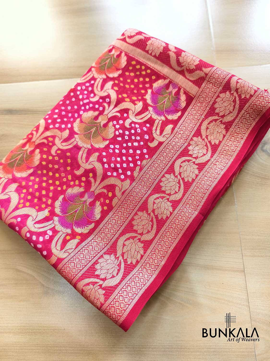 Red Double Shaded Bandhani Weaved Meenakari Banarasi Pure Georgette Saree