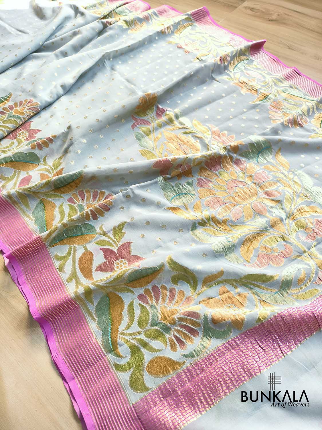 Grey Multicolor Brush Dye Banarasi Pure Georgette Saree