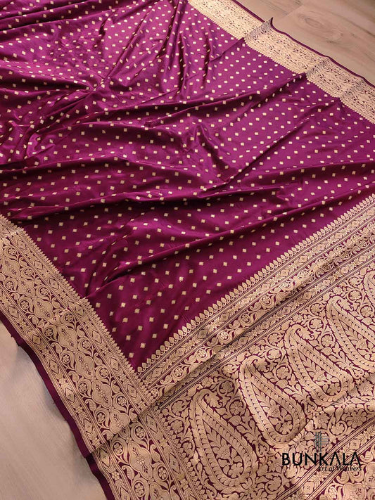 Burgundy Wine Pure Katan Silk Hand Weaved Kadwa Allover Small Buti with Heritage Design Border Banarasi Saree