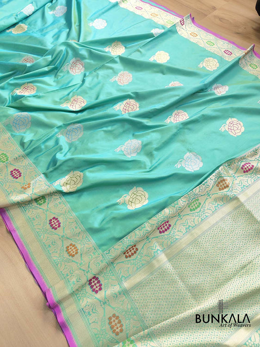 Blue Dual Shade Pure Katan Silk Hand Weaved Kadwa Allover Sona Rupa Rose Buta Meenakari Banarasi Saree
