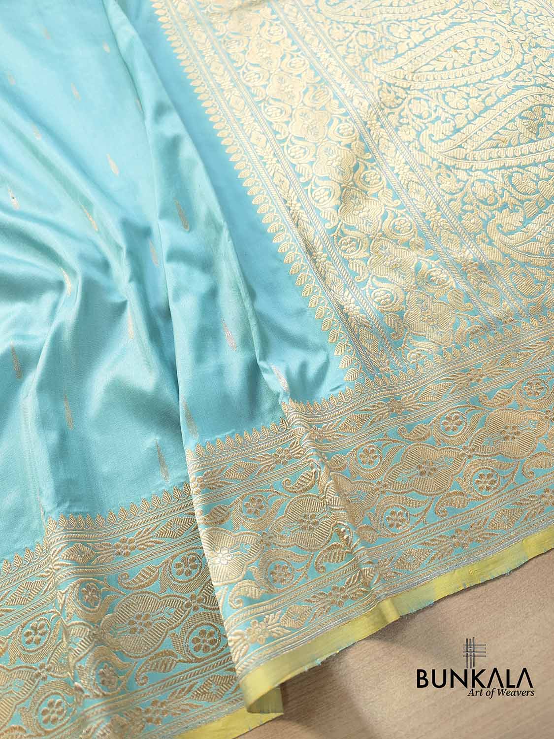 Pastel Blue Pure Katan Silk Handloom Allover Drop Buti with Heritage Design Border Banarasi Saree