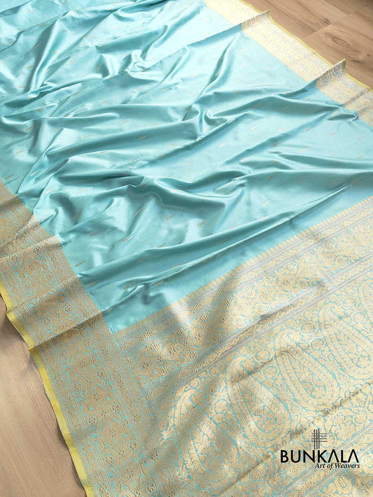 Pastel Blue Pure Katan Silk Handloom Allover Drop Buti with Heritage Design Border Banarasi Saree