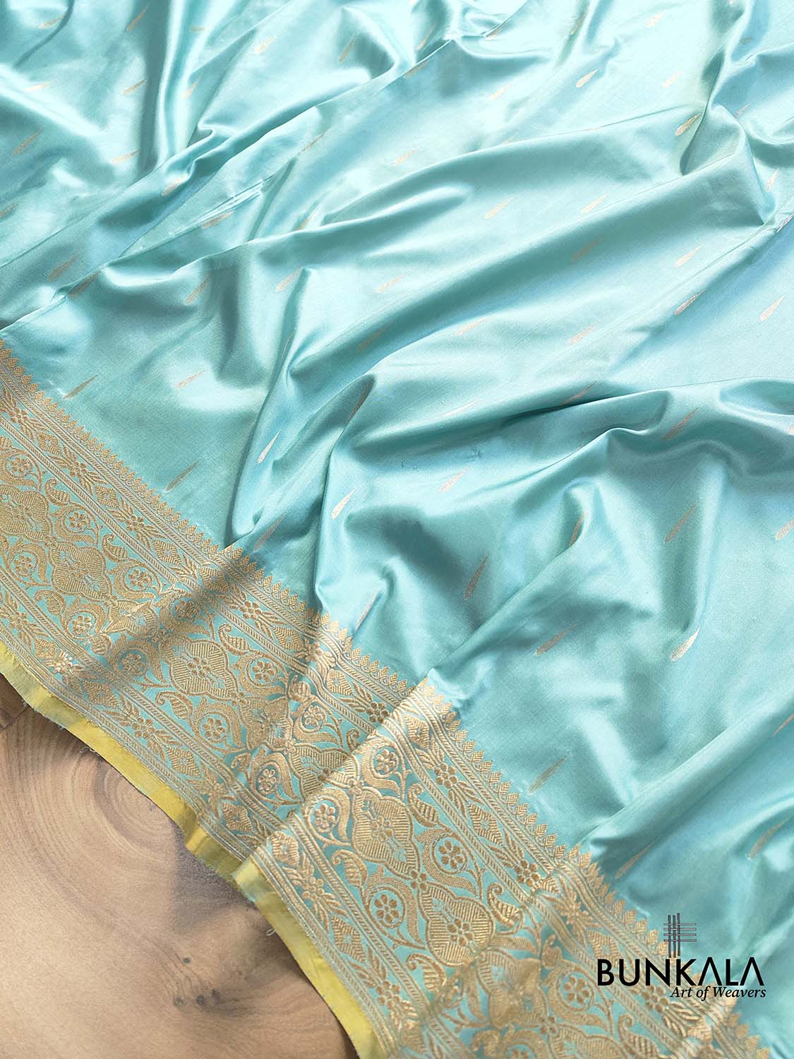 Pastel Blue Pure Katan Silk Handloom Allover Drop Buti with Heritage Design Border Banarasi Saree