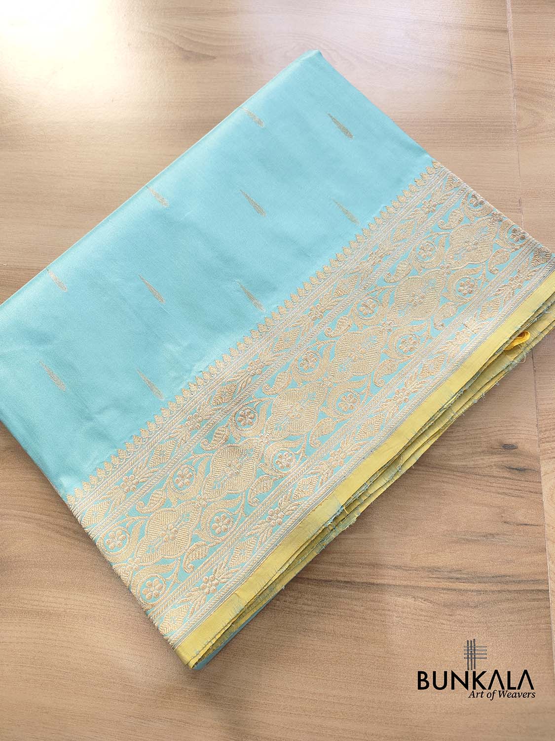 Pastel Blue Pure Katan Silk Handloom Allover Drop Buti with Heritage Design Border Banarasi Saree