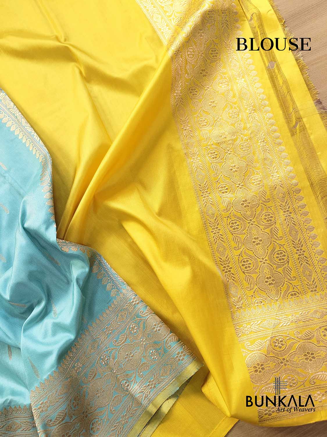 Pastel Blue Pure Katan Silk Handloom Allover Drop Buti with Heritage Design Border Banarasi Saree