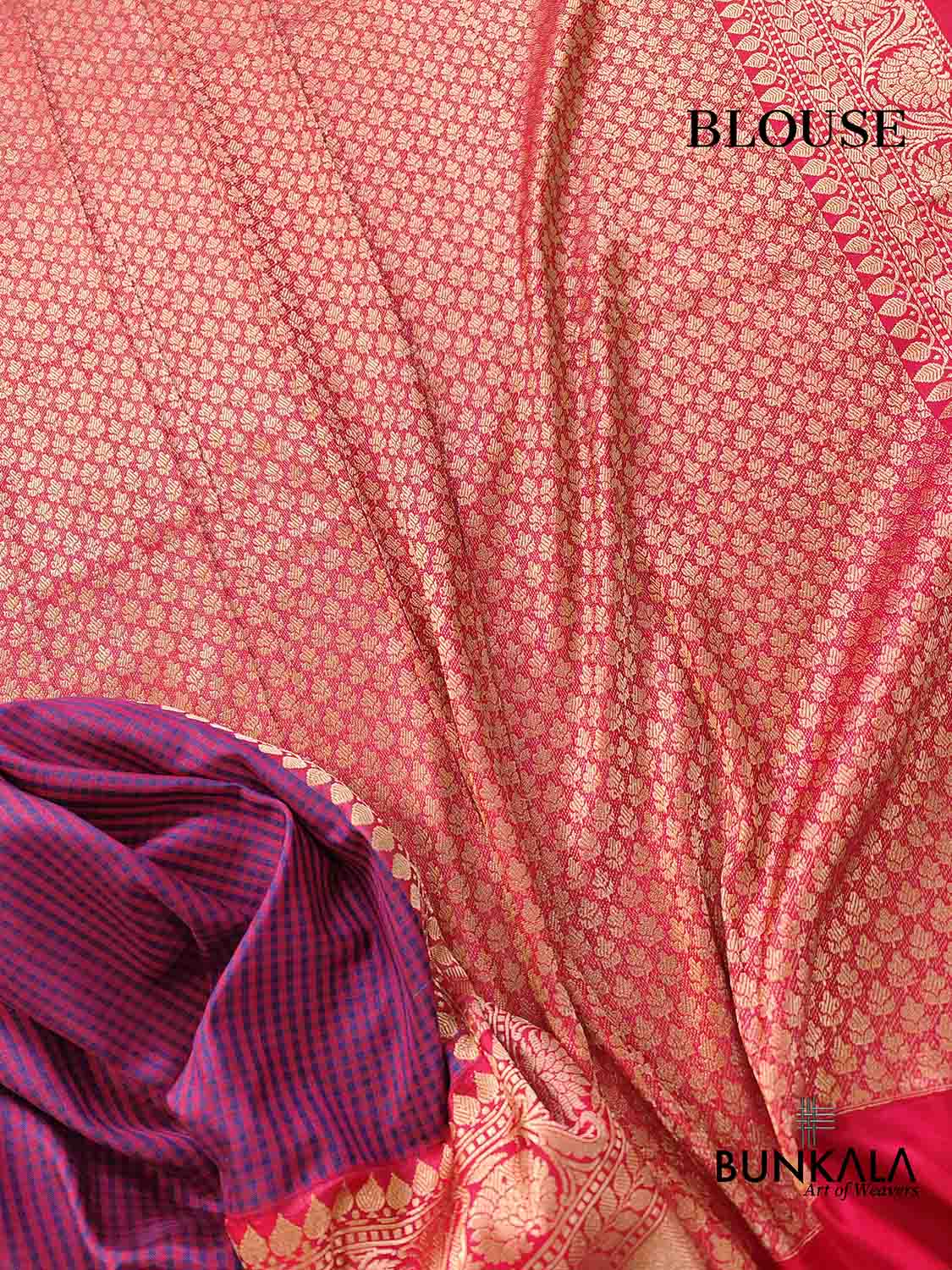 Blue and Red Ektara Pure Katan Silk Small Checks Handloom Banarasi Saree with Kadwa Weaved Red Contrast Border