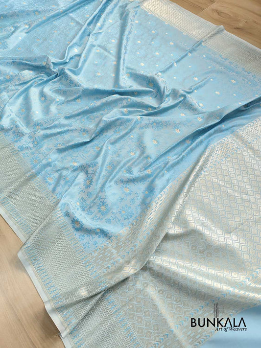 Sky Blue Mashru Silk Silver Zari Weaved Jamewar Banarasi Saree