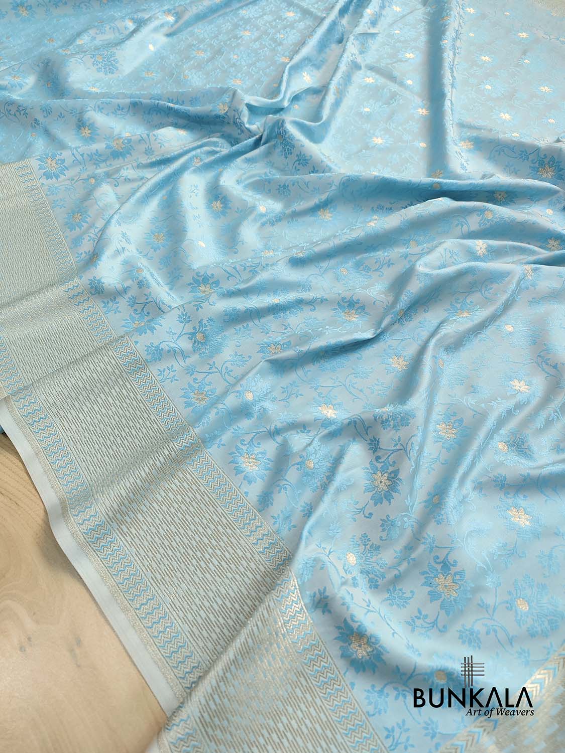 Sky Blue Mashru Silk Silver Zari Weaved Jamewar Banarasi Saree