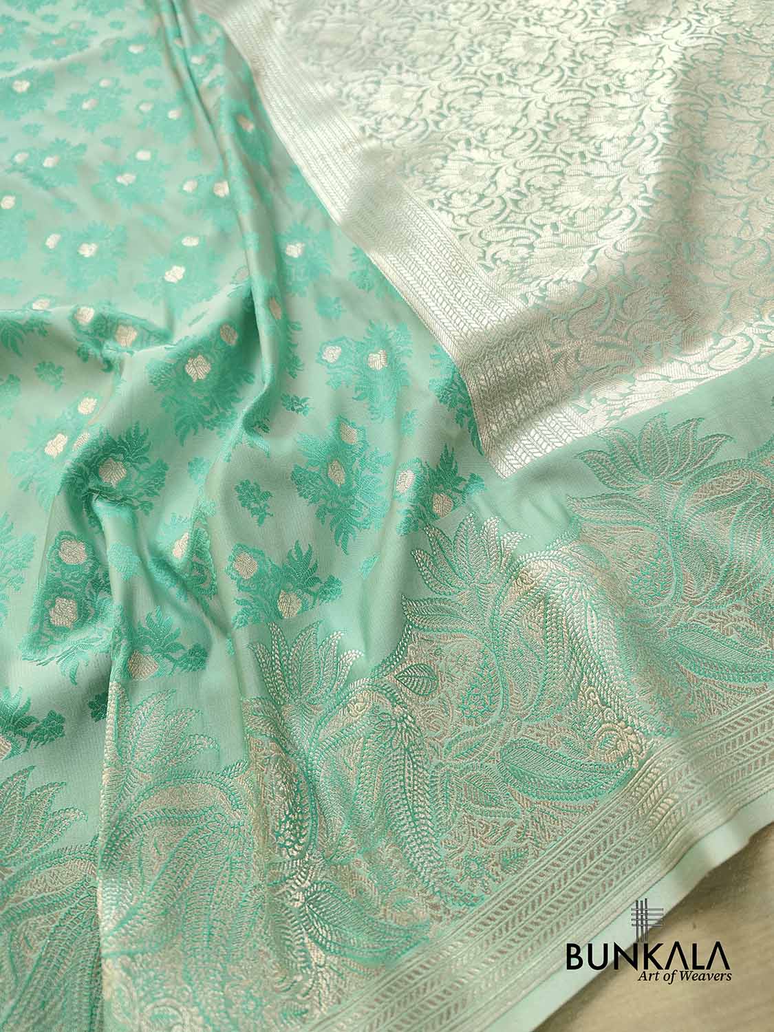 Sea Green Mashru Silk Silver Zari Weaved Jamewar Banarasi Saree