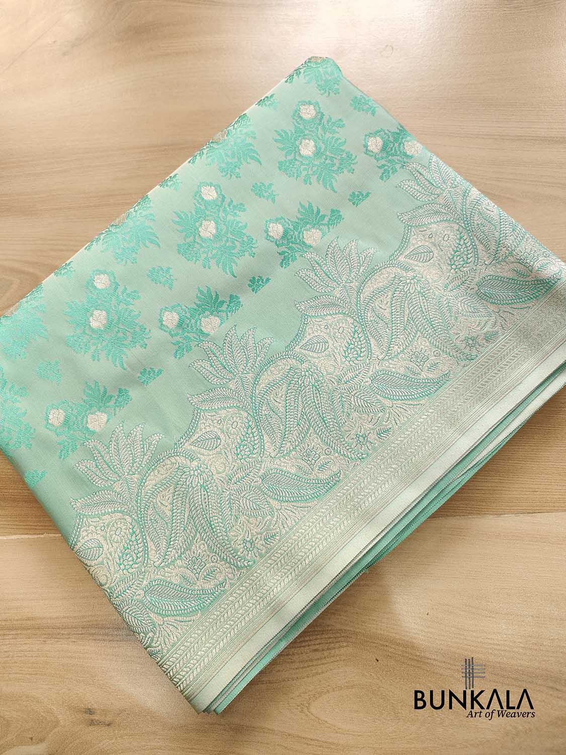 Sea Green Mashru Silk Silver Zari Weaved Jamewar Banarasi Saree