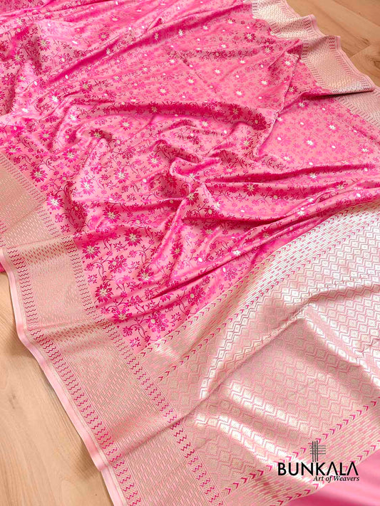 Baby Pink Mashru Silk Silver Zari Weaved Jamewar Banarasi Saree