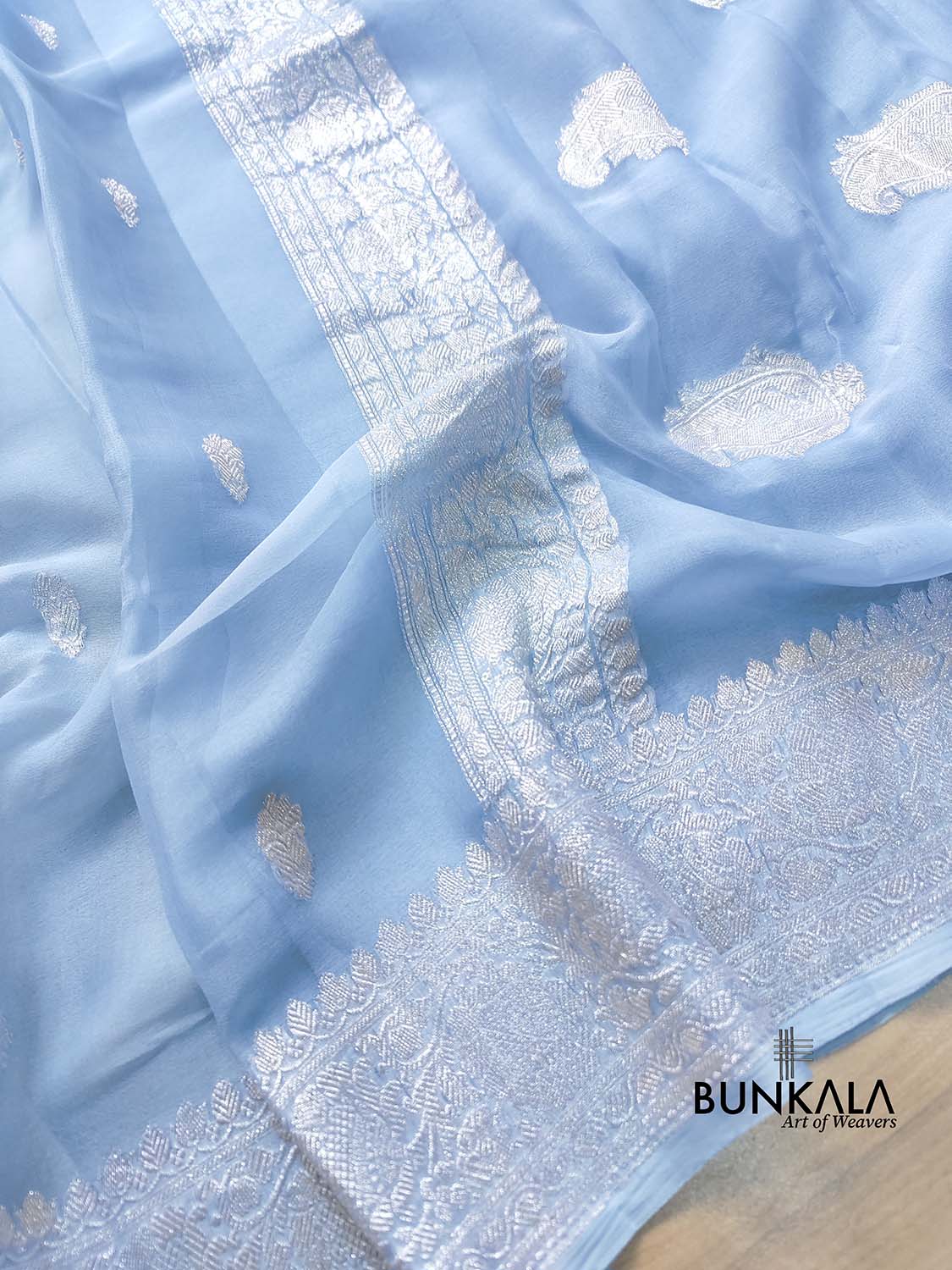 Blue Pure Khaddi Chiffon Allover Silver Zari Buti Handloom Banarasi Saree