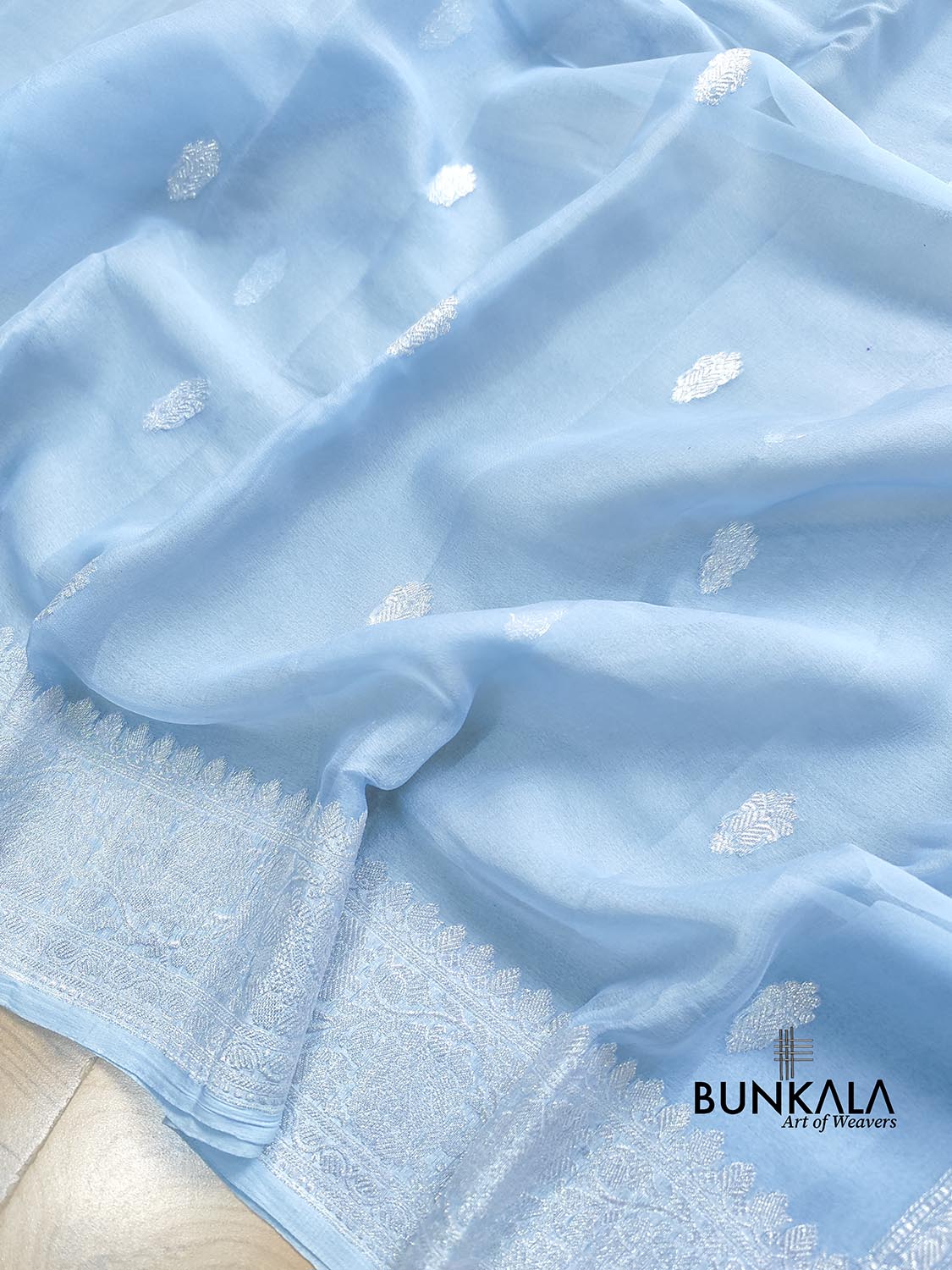 Blue Pure Khaddi Chiffon Allover Silver Zari Buti Handloom Banarasi Saree