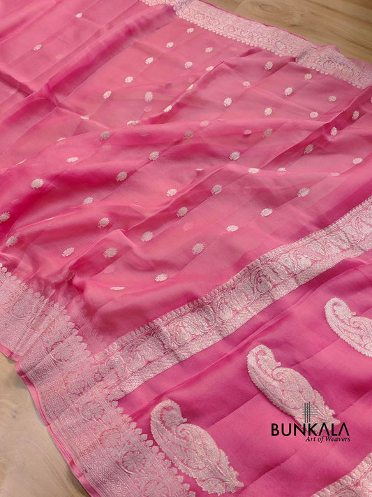Pink Pure Khaddi Chiffon Allover Silver Zari Buti Handloom Banarasi Saree