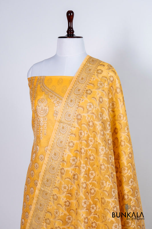 Yellow Gold Resham Weaved Banarasi Cotton Silk Unstitched Suit Set