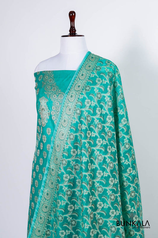 Turquoise Blue Resham Weaved Banarasi Cotton Silk Unstitched Suit Set