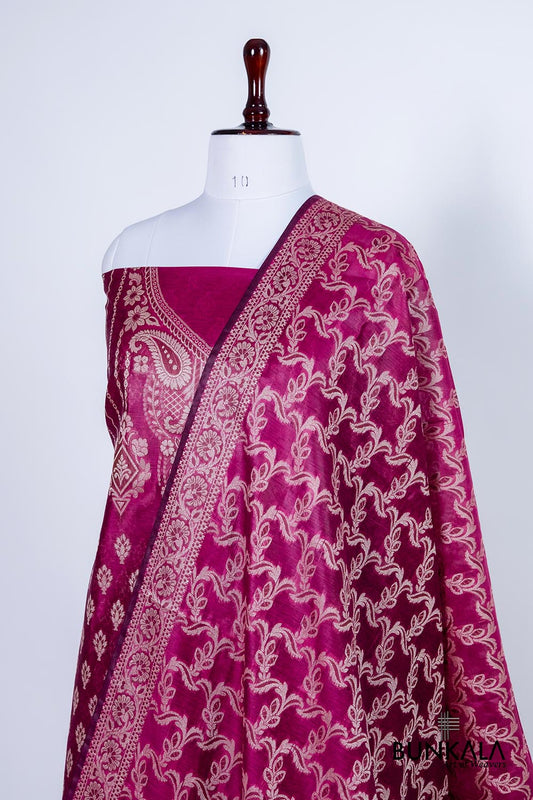 Burgundy Resham Weaved Banarasi Cotton Silk Unstitched Suit Set