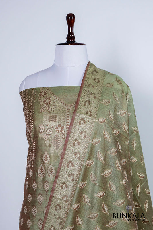 Mehendi Green Resham Weaved Banarasi Cotton Silk Unstitched Suit Set