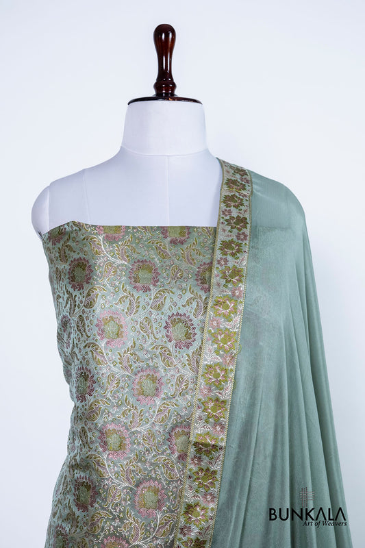 Dusty Blue Jamewar Weaved Banarasi Mashru Silk Unstitched Suit Set