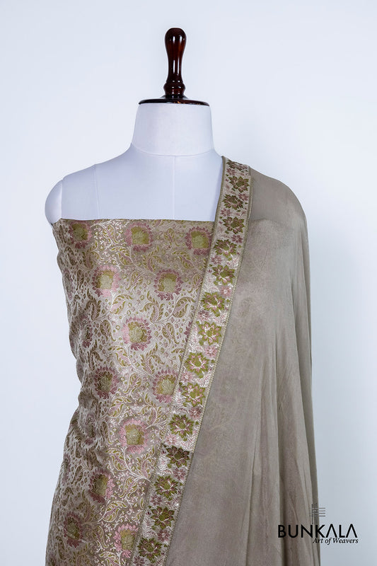 Light Brown Jamewar Weaved Banarasi Mashru Silk Silk Unstitched Suit Set