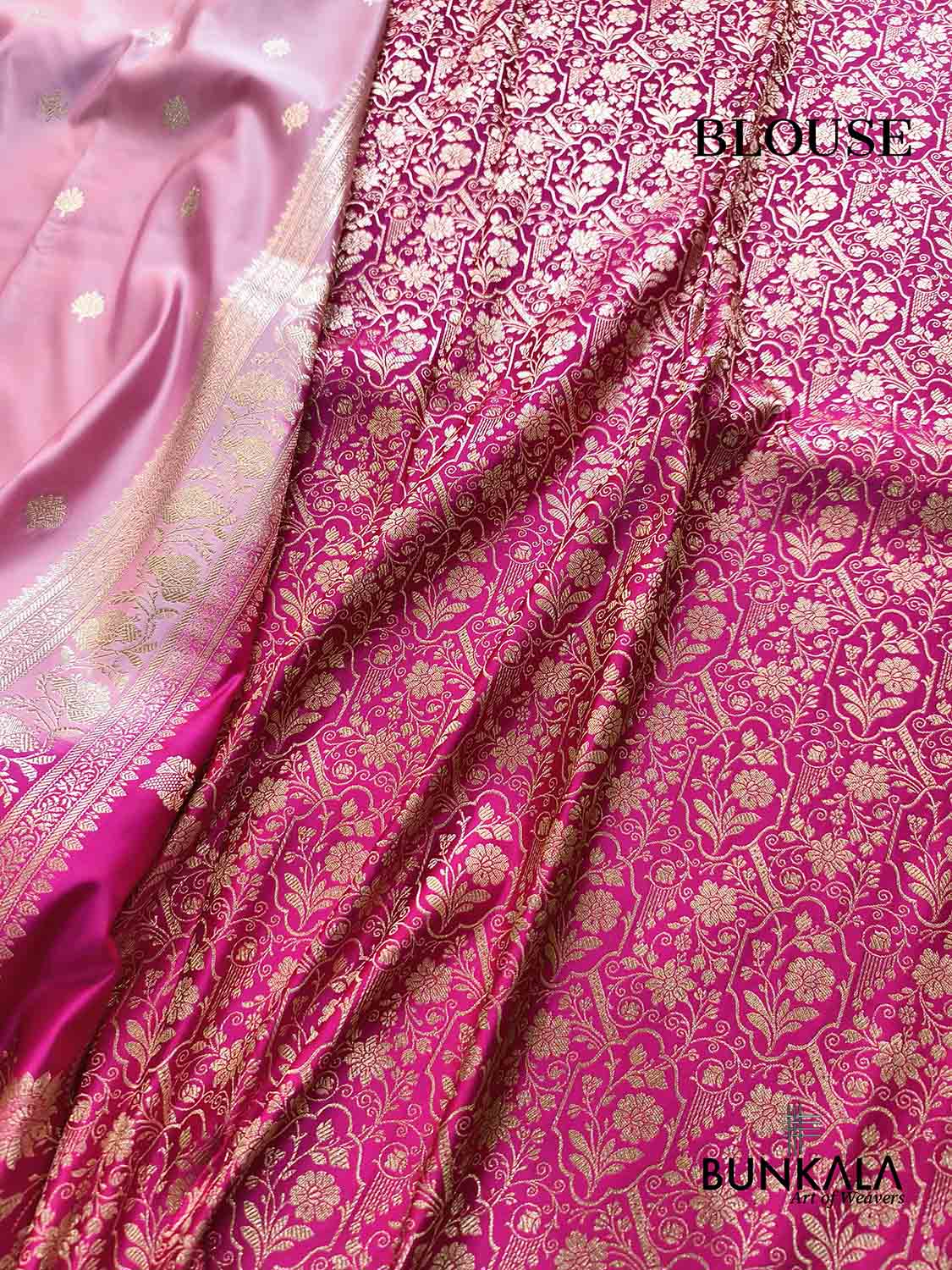 Baby Pink Buti with Contrast Border Pallu Weaved Banarasi Mashru Silk Saree