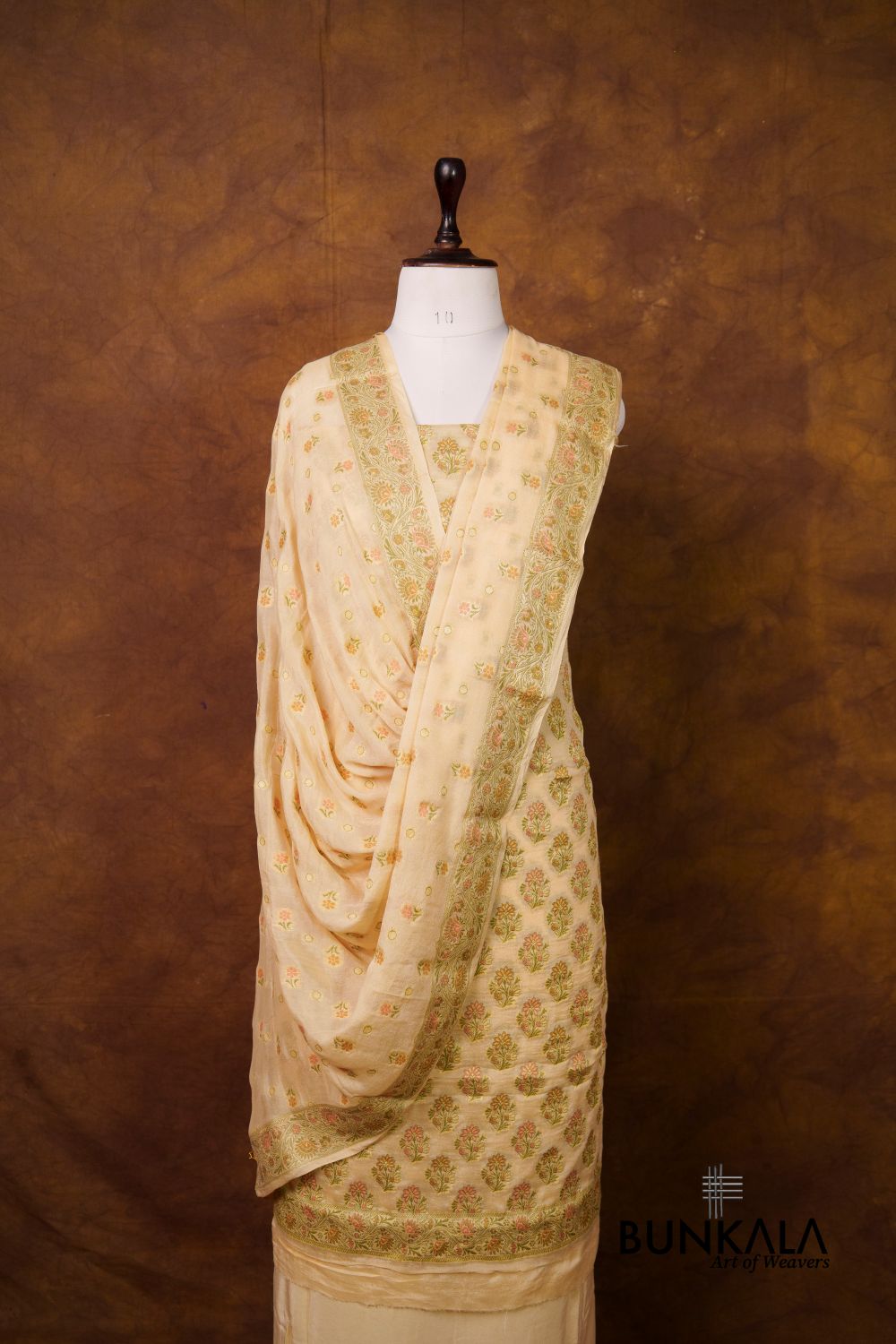 Beige Meena Buta Banarasi Pure Crepe Silk Unstitched Suit Set