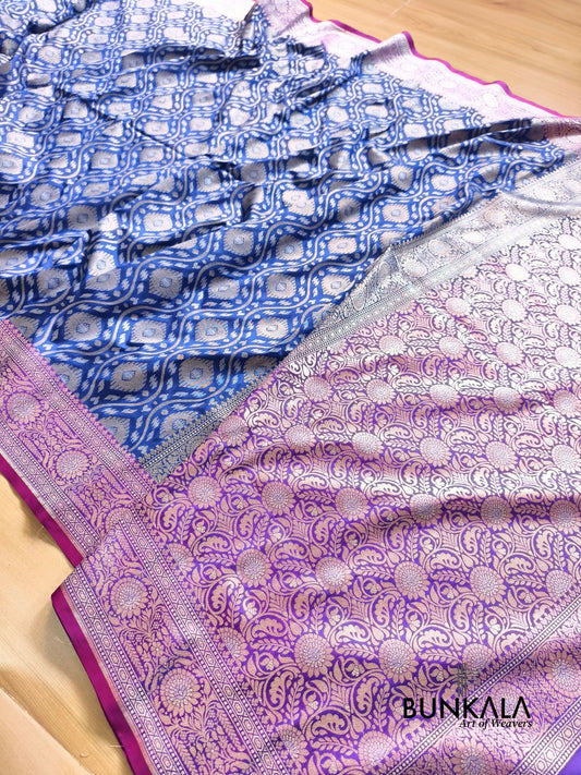 Blue Ektara Banarasi Jamdani Leheriya Weaved Silk Saree