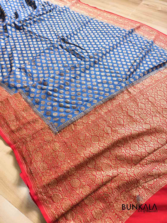 Blue with Red Big Contrast Border Banarasi Georgette Saree