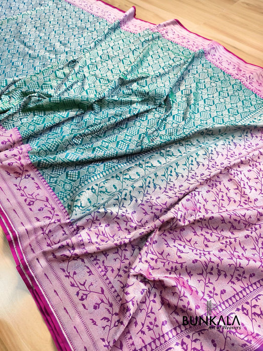 Bluish Green Ektara Banarasi Jamdani Geometric Weaved Silk Saree