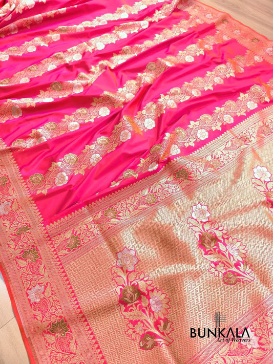 Bright Pink Sona Rupa Meenakari Stripe Banarasi Silk Saree