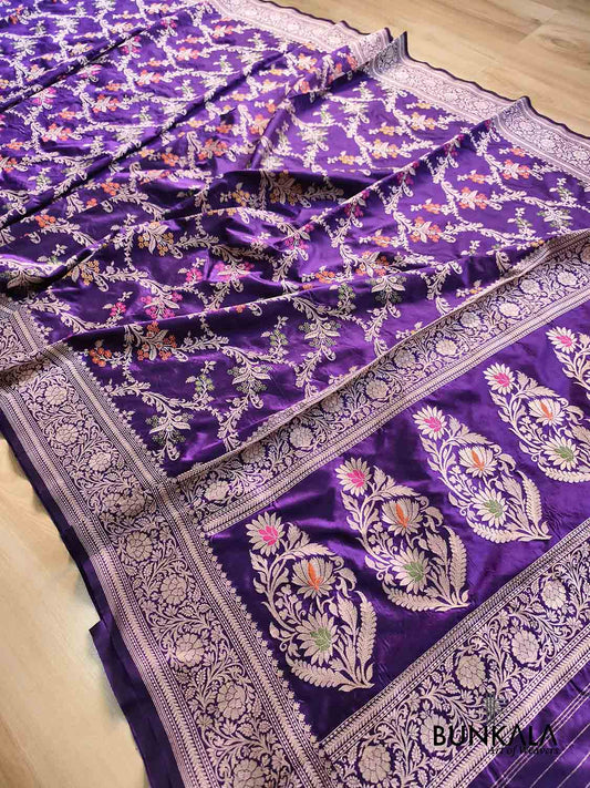Deep Purple Floral Jaal Meena Handloom Banarasi Pure Katan Silk Saree