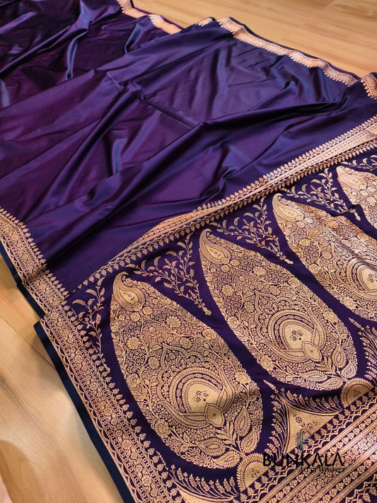 Deep Purple Plain Banarasi Mashru Soft Silk Saree with Paisley Pallu