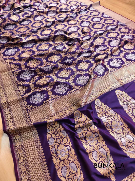 Deep Purple Sona Rupa Floral Jaal Banarasi Silk Saree