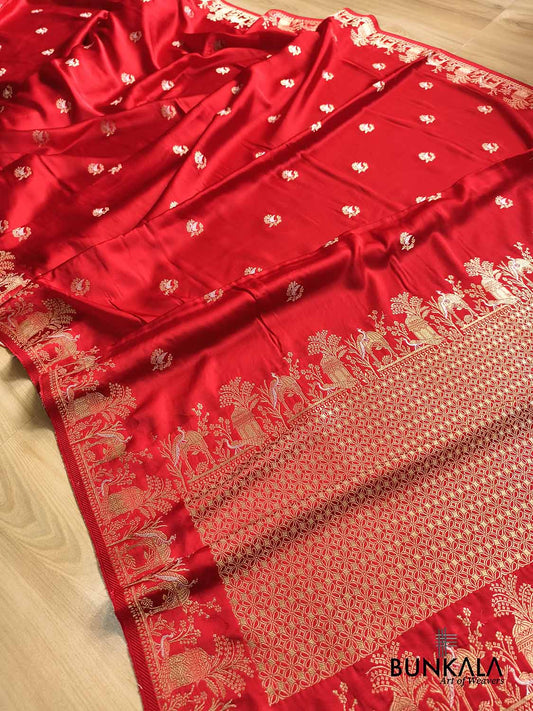 Deep Red Peacock Motif Weaved Banarasi Mashru Silk Saree