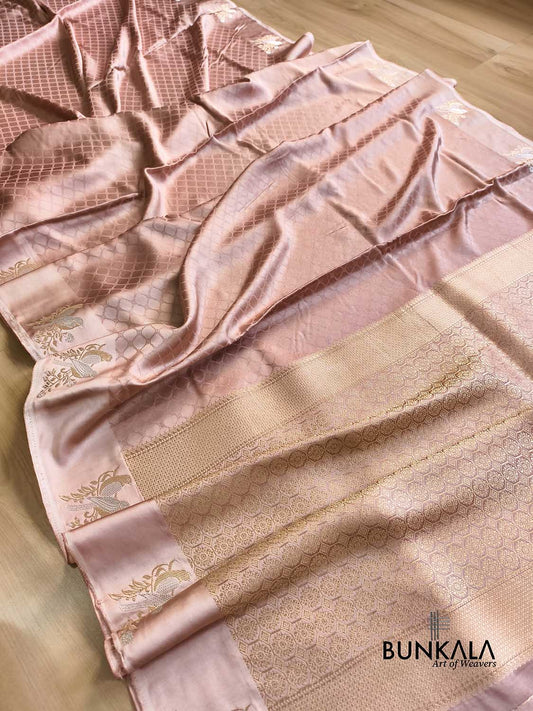 Dusty Pink Birds Jamewar Weaved Banarasi Mashru Silk Saree