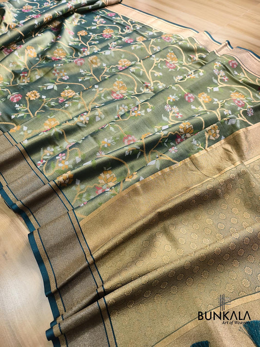 Green Jamdani Banarasi Floral Jaal Meenakari Weaved Tissue Saree
