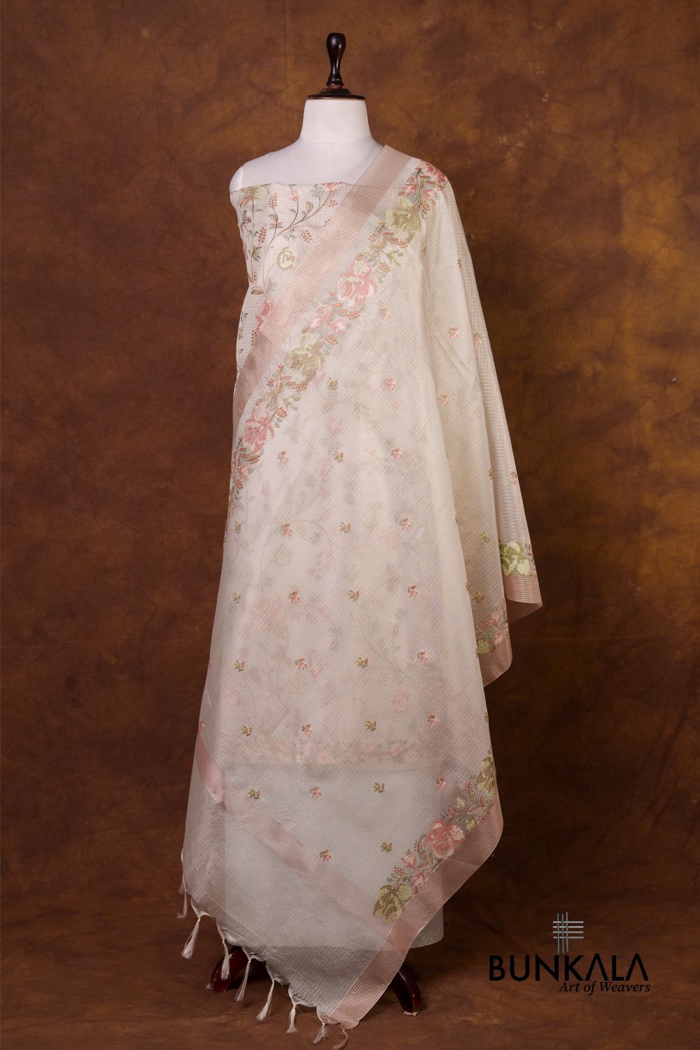 Ivory Multicolour Floral Banarasi Embroidered Kota Silk Unstitchedd Suit Set